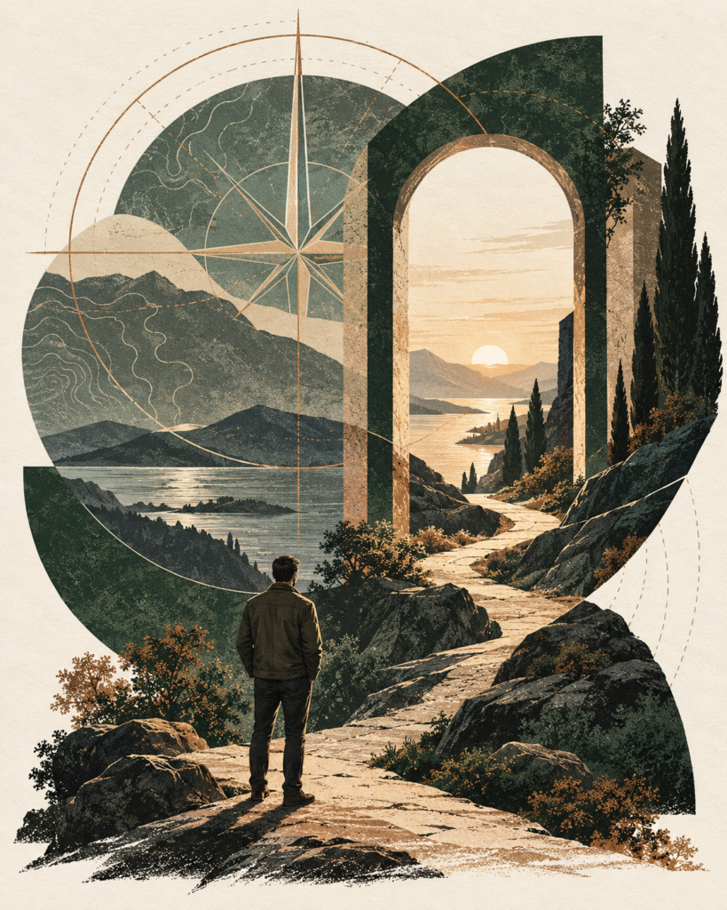 A man on a mountain path beneath a compass and an open stone arch.